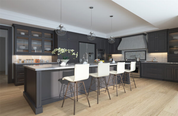 A remodeled kitchen with charcoal grey American shaker cabinets