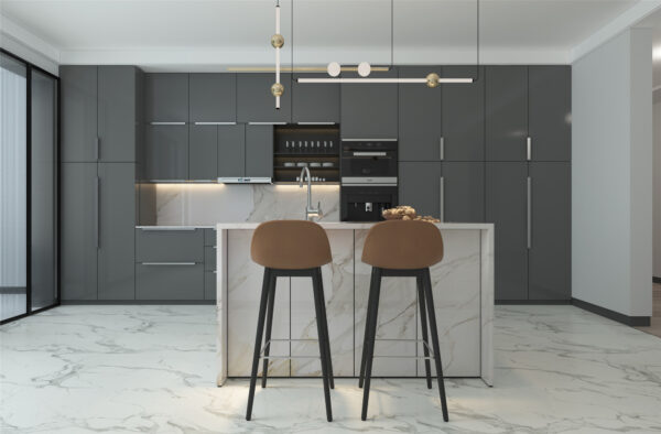 High-gloss light grey European frameless kitchen cabinets.