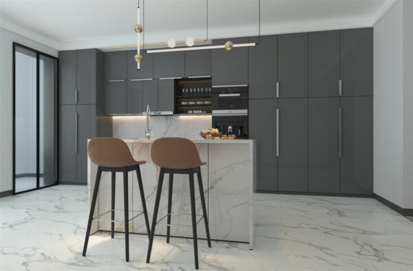 High gloss light grey European-style kitchen cabinets