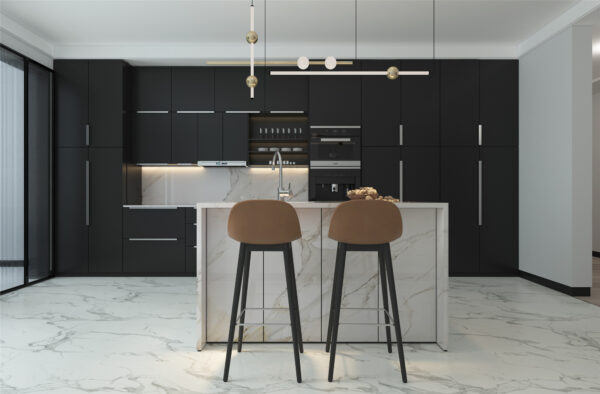 Super Black Matte European-style frameless kitchen cabinets.