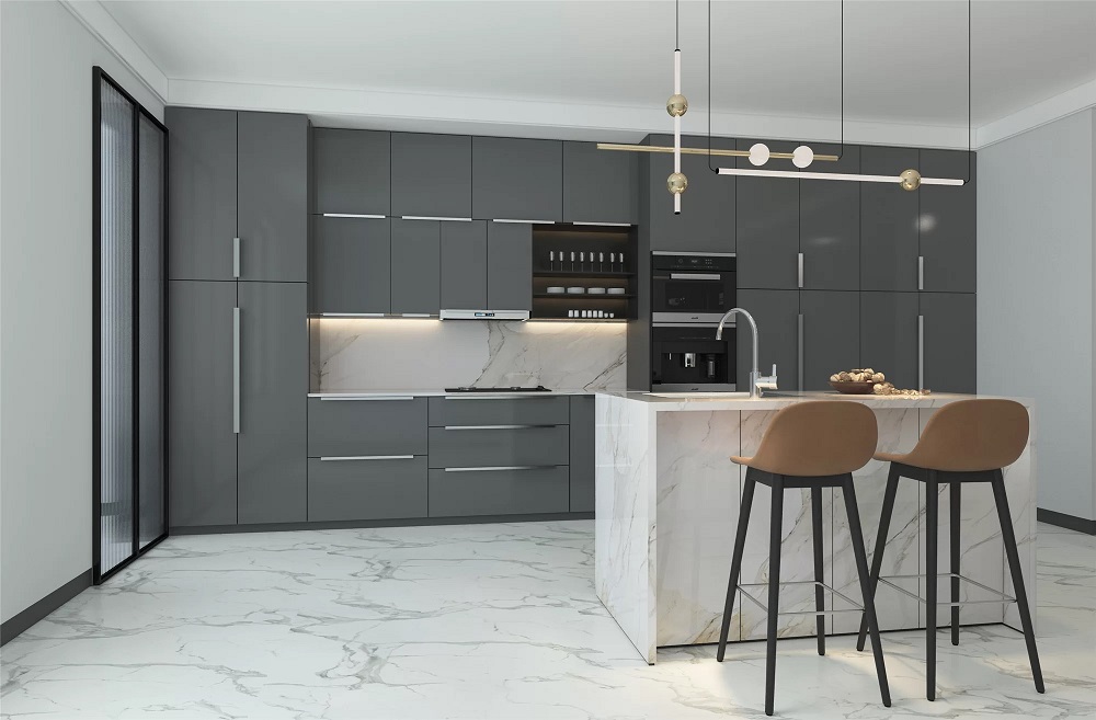 High gloss light grey European-style cabinets
