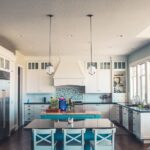 Interior shot of the blue and white kitchen