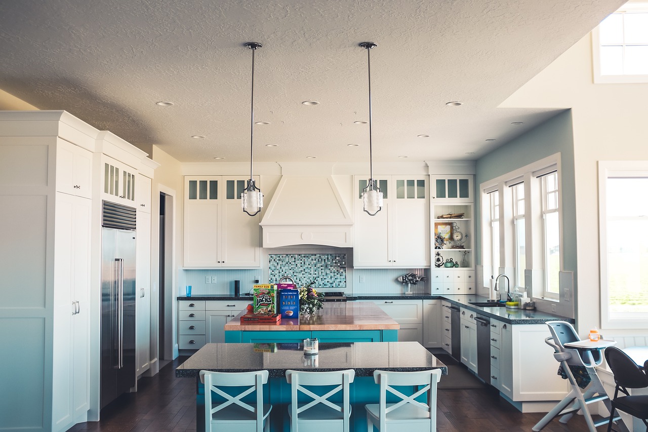 Interior shot of the blue and white kitchen