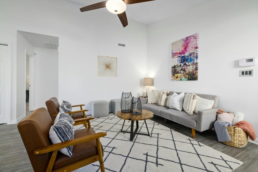 Interior of living room with vinyl flooring